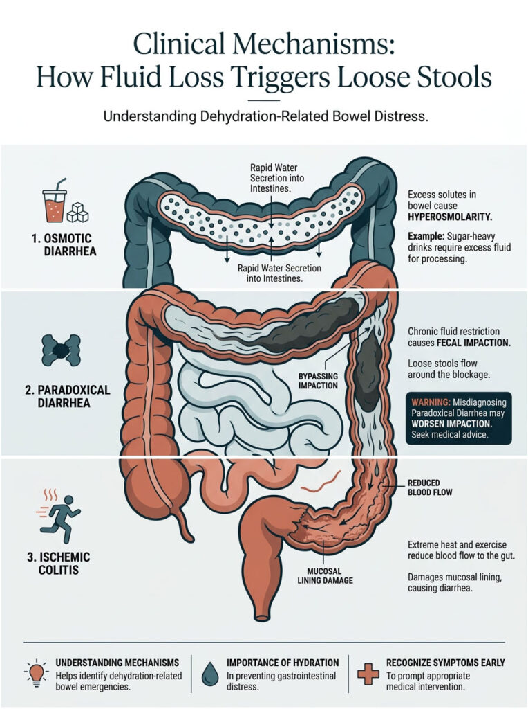 Infographic explaining dehydration-related bowel distress with diagrams of osmotic diarrhea, paradoxical diarrhea, and ischemic colitis.