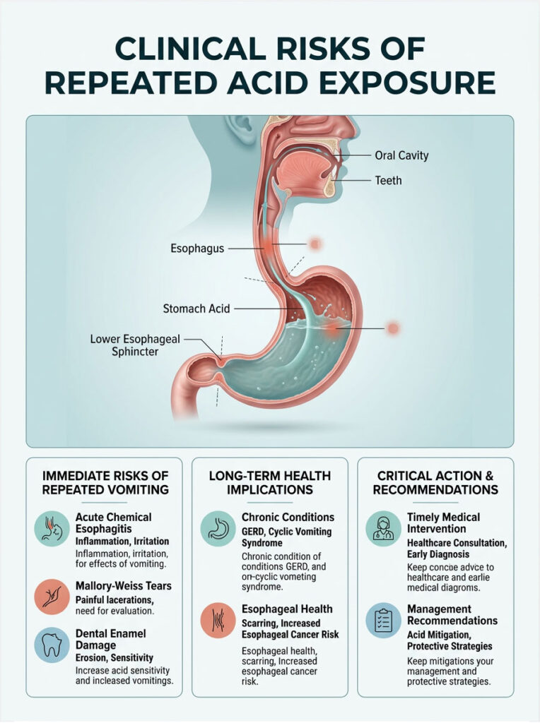 Infographic showing clinical risks of repeated acid exposure with labeled anatomy and health implications.