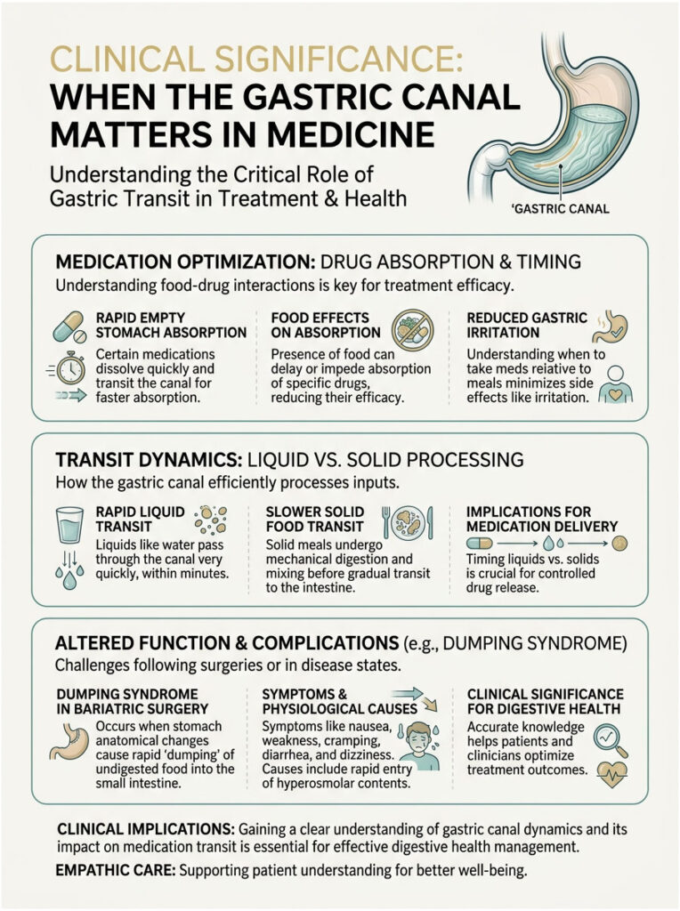 Infographic explaining gastric canal's role in medication absorption, featuring charts and icons on drug timing and effects.