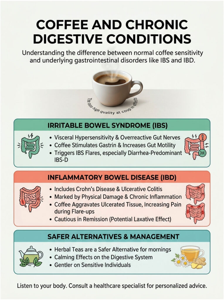 Infographic comparing coffee effects on IBS and IBD, detailing symptoms, management, and alternatives.