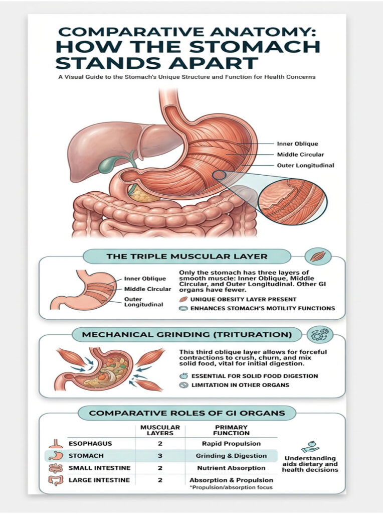 Infographic illustrating stomach anatomy with labeled muscular layers, functions, and digestive roles of GI organs.
