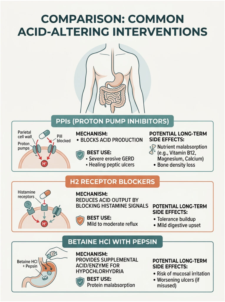 Infographic comparing acid-altering interventions: PPIs, H2 blockers, and Betaine HCl with Pepsin, showing mechanisms and side effects.