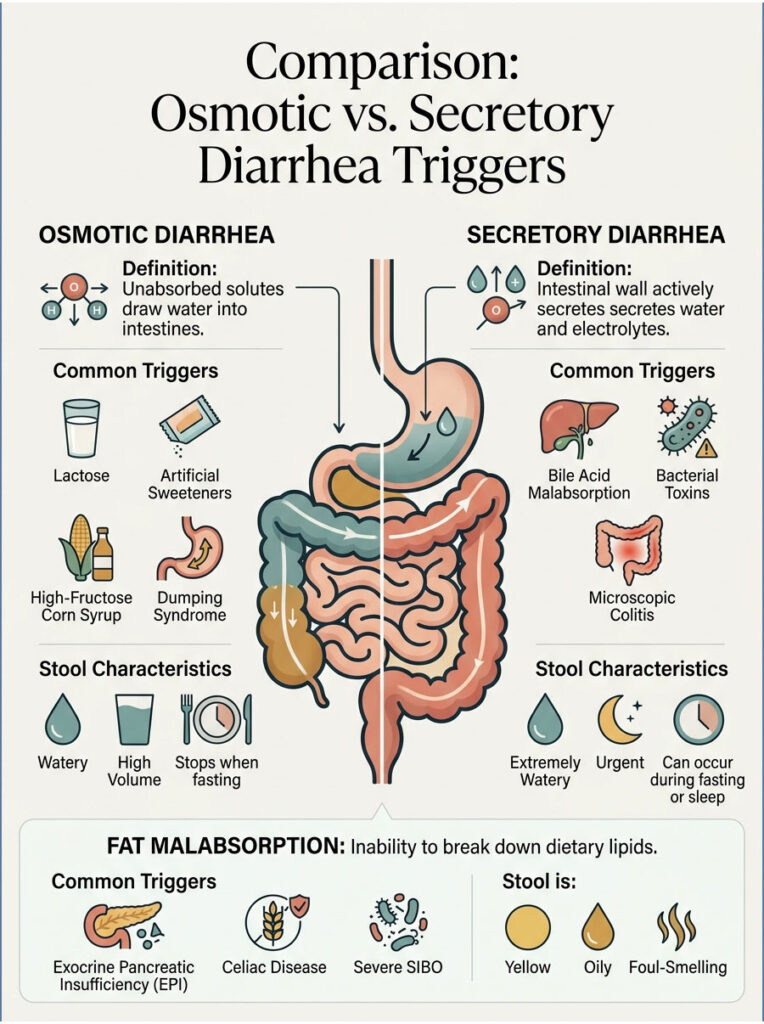 Infographic comparing osmotic and secretory diarrhea triggers, including definitions, common triggers, and stool characteristics.