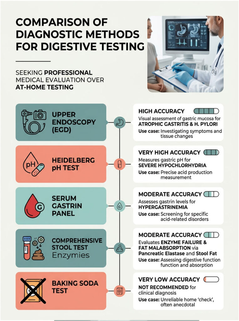 Infographic comparing digestive testing methods with accuracy ratings and use cases for each method.