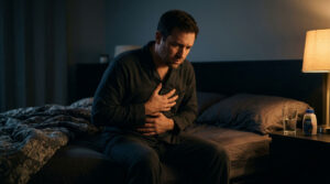 A man sits on a bed at night, holding his stomach in discomfort, with a glass of water nearby.