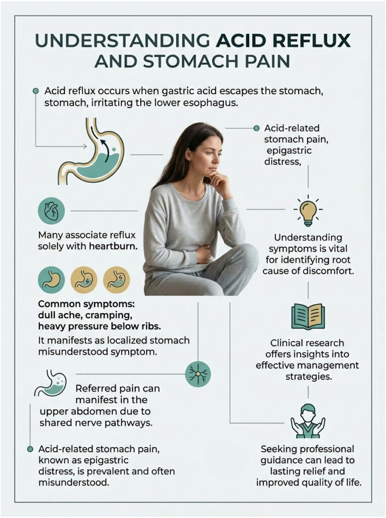 Infographic explaining acid reflux, symptoms, and management strategies with illustrations and text details.