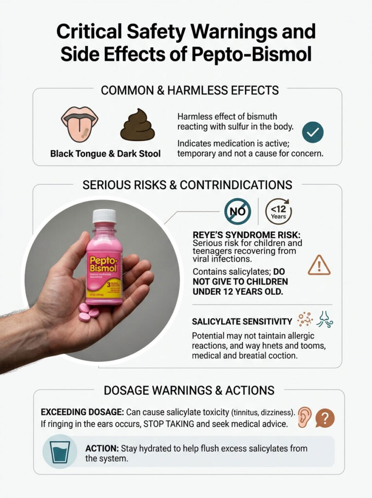 Infographic detailing safety warnings and side effects of Pepto-Bismol, including dosage instructions and risks.