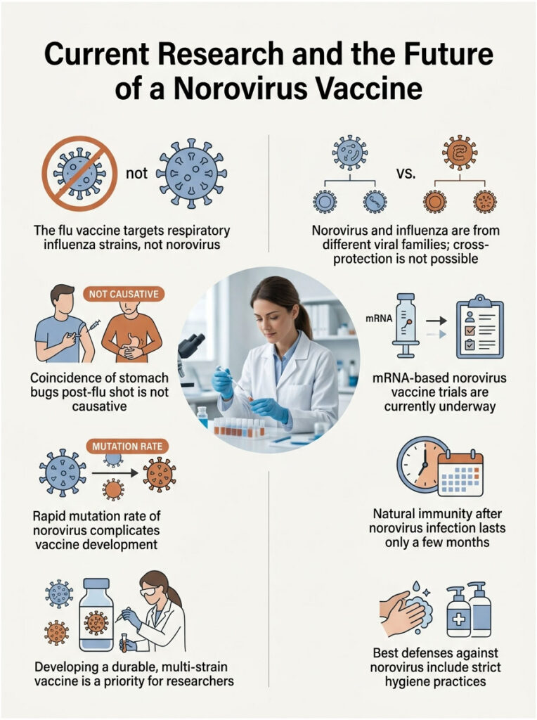 Infographic showing research on norovirus vaccine, highlighting key points about flu vaccine, mutation rates, and hygiene practices.