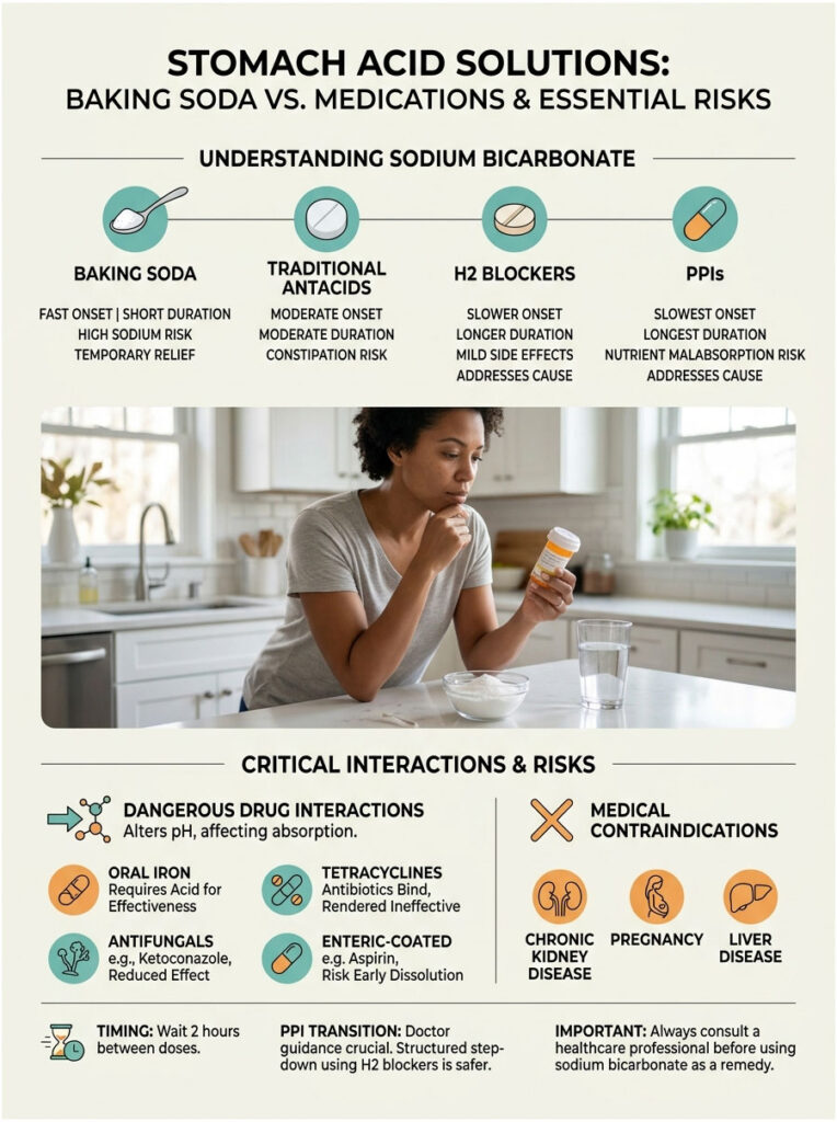 Infographic comparing baking soda and medications for stomach acid, showing onset times and risks.