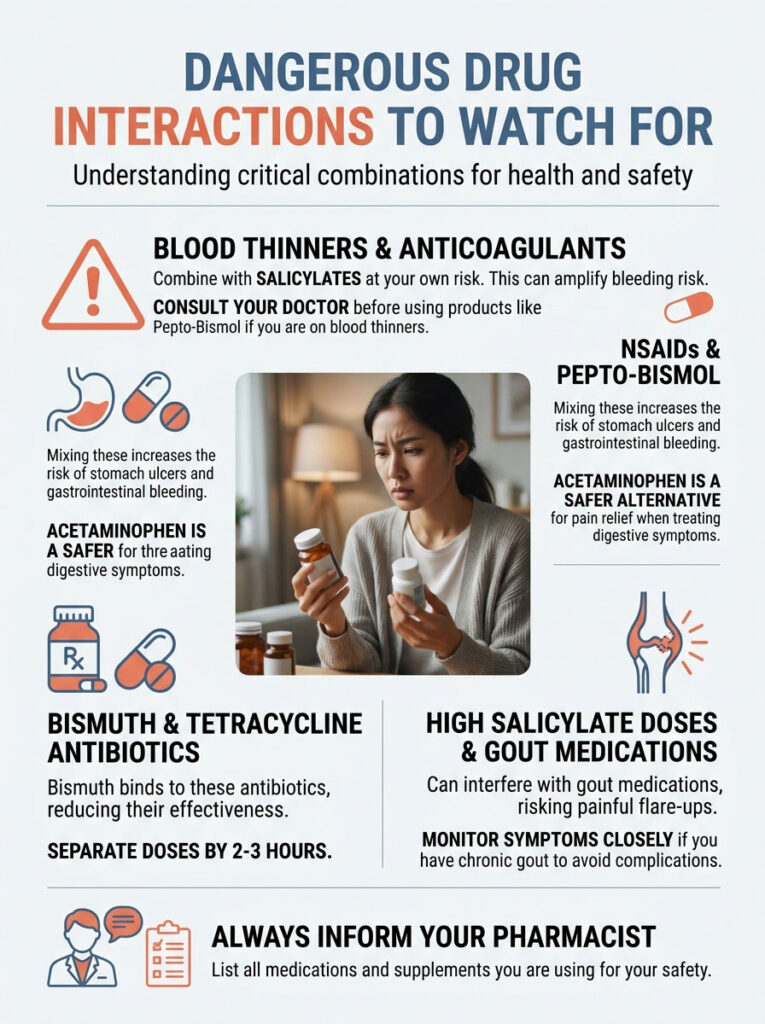 Infographic detailing dangerous drug interactions, including blood thinners, NSAIDs, and antibiotics with visuals and warnings.