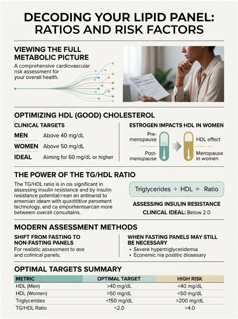 Infographic detailing lipid panel ratios, HDL cholesterol targets, and insulin resistance assessment methods.