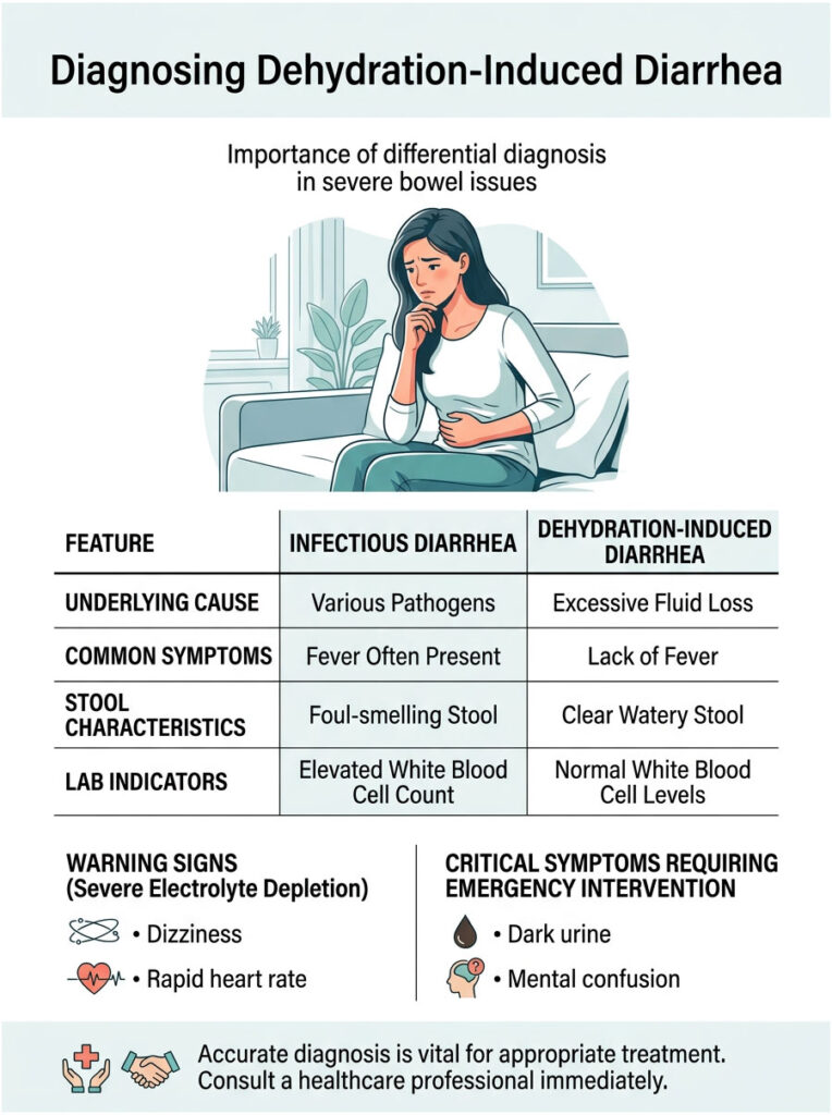 Infographic comparing infectious diarrhea and dehydration-induced diarrhea with symptoms and lab indicators.