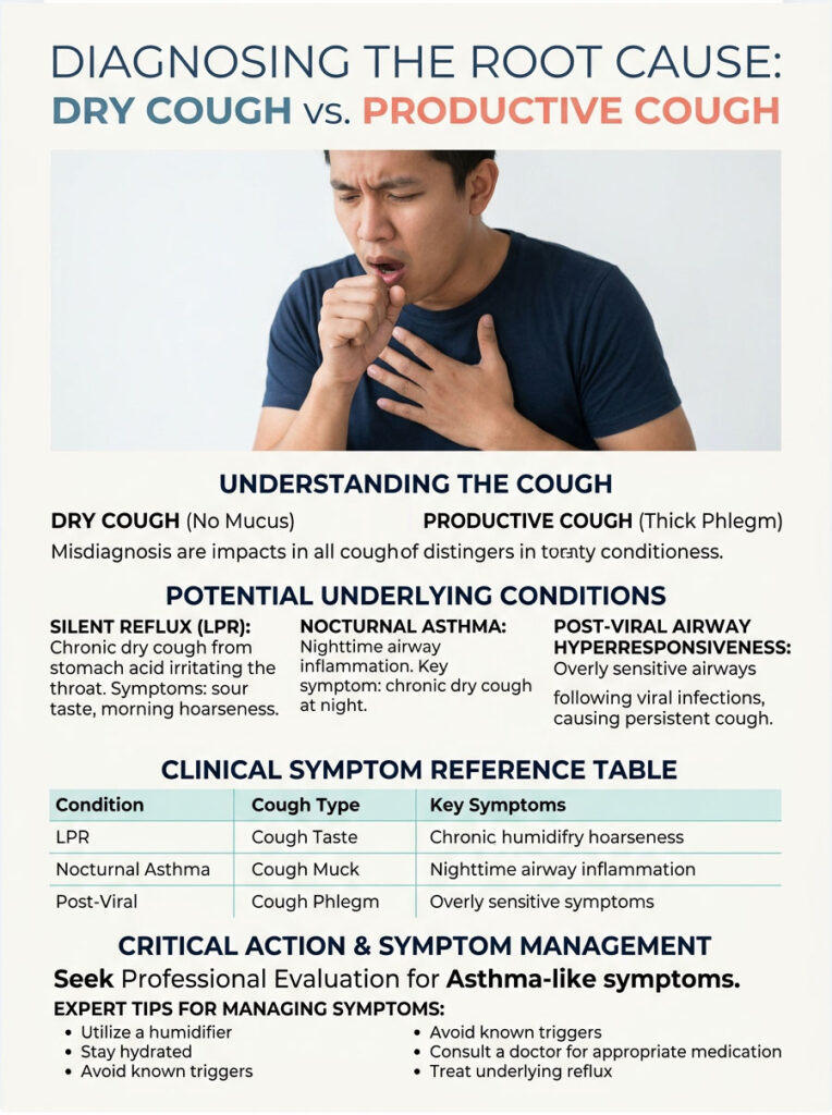 Infographic comparing dry cough and productive cough with symptoms and management tips.