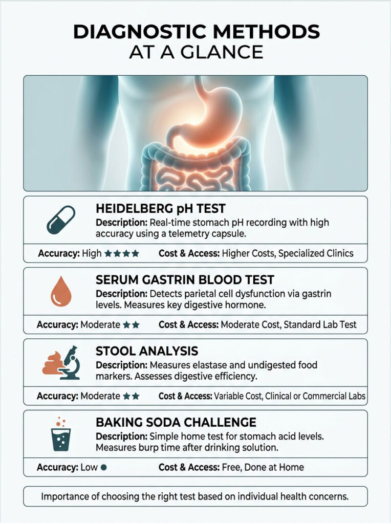 Infographic showing diagnostic methods with tests, descriptions, accuracy ratings, and costs for digestive health.
