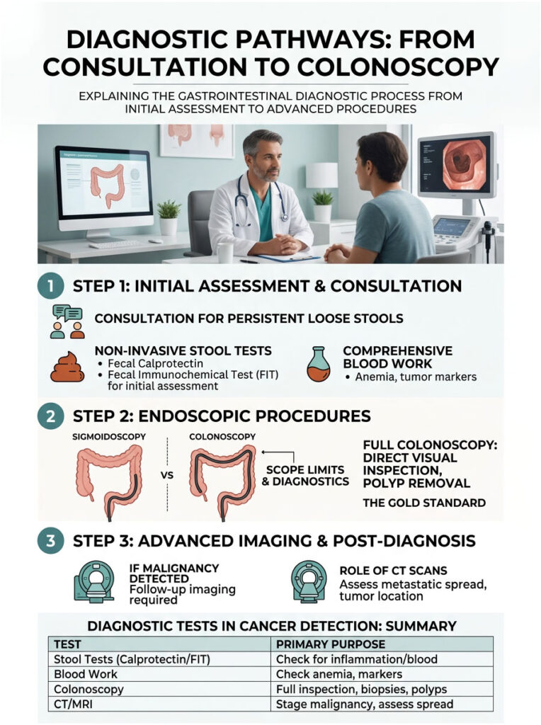Infographic showing diagnostic pathways from consultation to colonoscopy with steps, tests, and visuals of intestines.