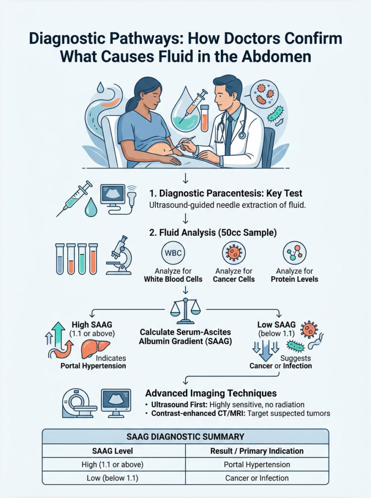 Infographic showing diagnostic pathways for abdominal fluid causes, including tests and analysis steps.