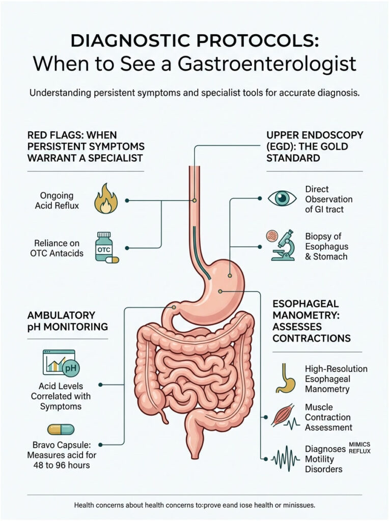 Infographic detailing diagnostic protocols for gastroenterology, including symptoms and tests like endoscopy and pH monitoring.