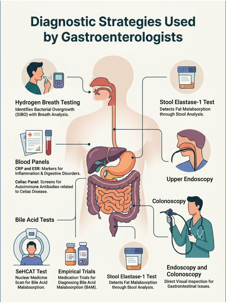 Infographic showing diagnostic strategies by gastroenterologists, including tests and procedures like breath testing and endoscopy.