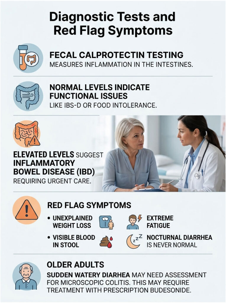 Infographic detailing diagnostic tests and red flag symptoms for inflammatory bowel disease, featuring charts and icons.