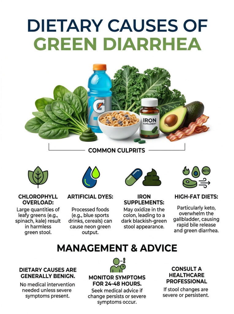 Infographic showing dietary causes of green diarrhea with images of foods and health advice.