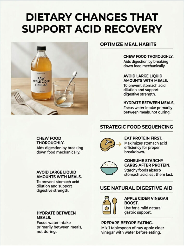 Infographic showing dietary changes for acid recovery with apple cider vinegar and meal habits.
