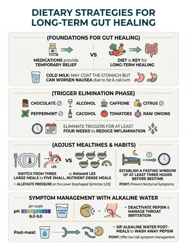 Infographic detailing dietary strategies for long-term gut healing, including food triggers and meal adjustments.
