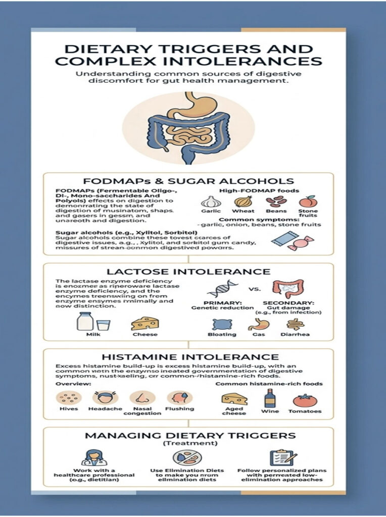 Infographic on dietary triggers and complex intolerances, detailing FODMAPs, lactose, and histamine issues with icons.