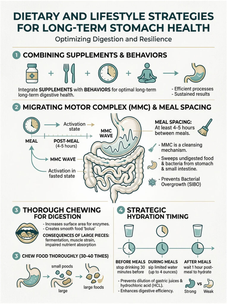 Infographic on dietary strategies for stomach health, featuring charts on supplements, meal spacing, chewing, and hydration timing.