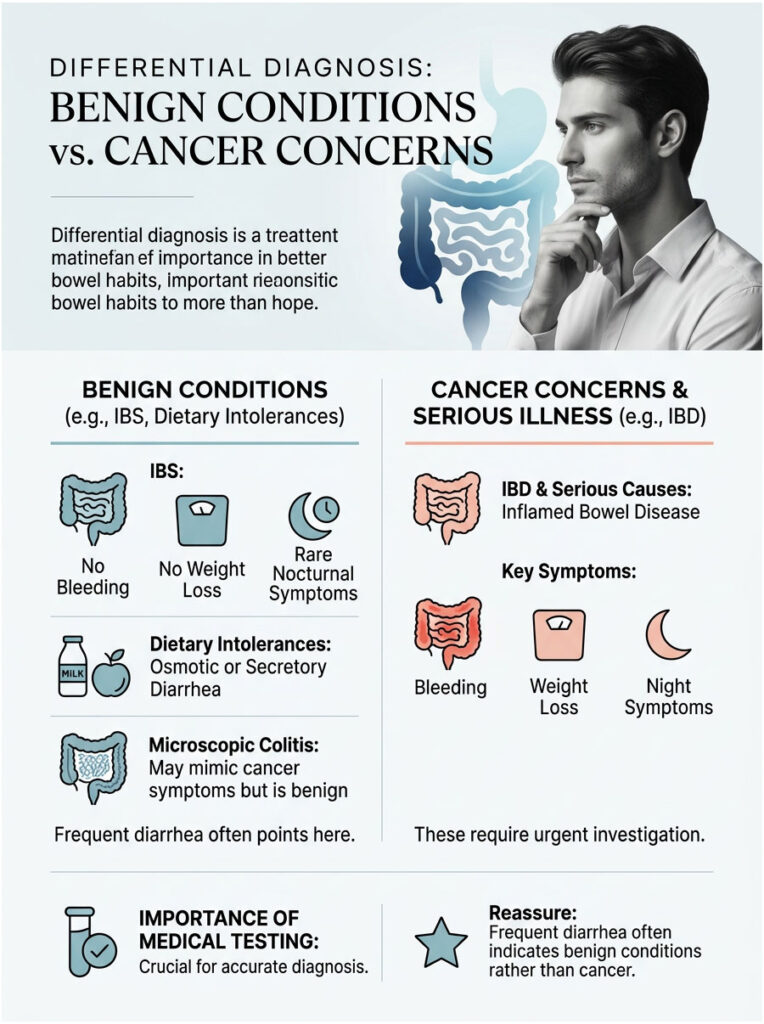 Infographic comparing benign conditions like IBS and dietary intolerances to cancer concerns, highlighting symptoms and testing importance.