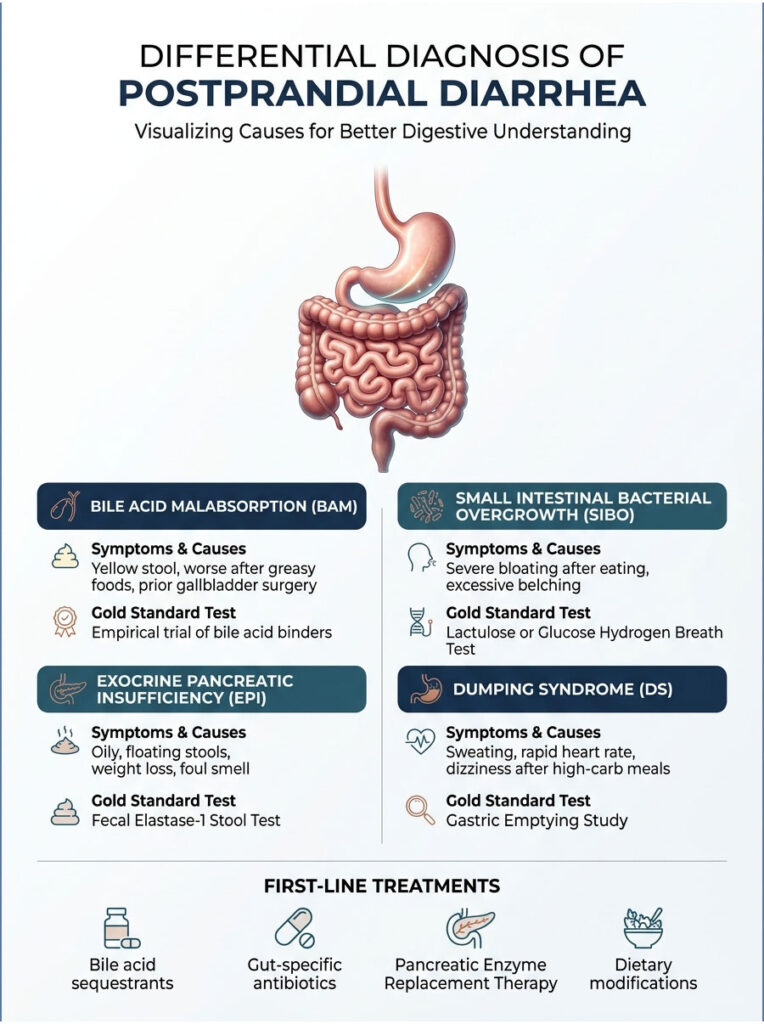 Infographic detailing differential diagnosis of postprandial diarrhea with symptoms, causes, and tests for conditions.