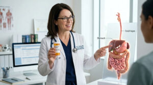 A doctor explains digestive anatomy using a model while holding a prescription bottle in a medical office.