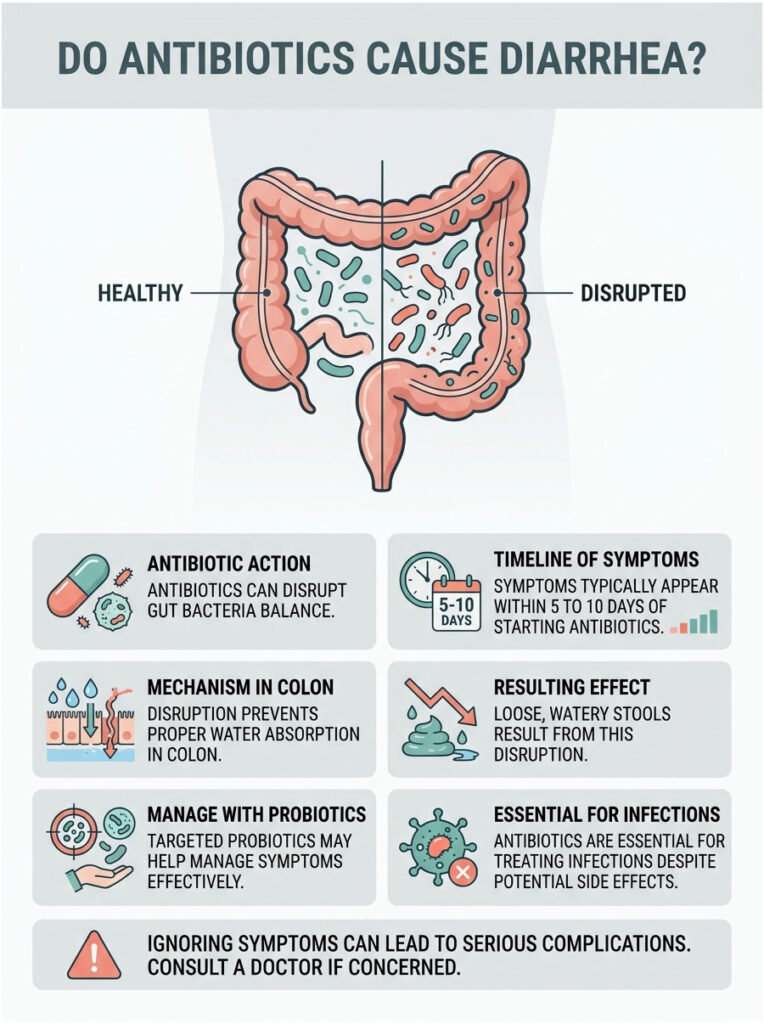 Infographic showing healthy vs disrupted gut, antibiotic action, symptoms timeline, and probiotic management tips.
