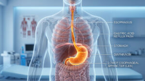 Anatomical illustration of the human torso showing the esophagus, stomach, and digestive system details.