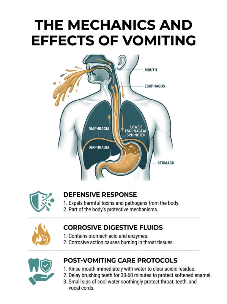 Diagram illustrating the mechanics of vomiting, showing the mouth, esophagus, and stomach with labeled sections and care protocols. Infographic.