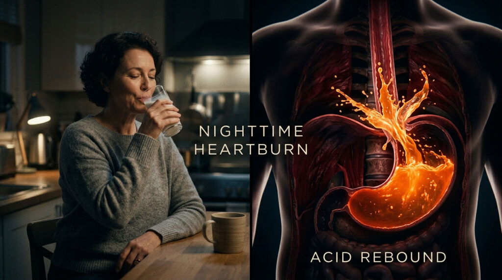 A woman drinks water in a cozy kitchen, with an anatomical illustration of acid reflux beside her.