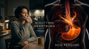 A woman drinks water in a cozy kitchen, with an anatomical illustration of acid reflux beside her.