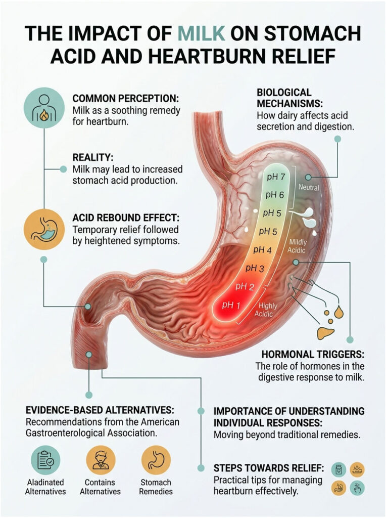 Infographic showing the impact of milk on stomach acid and heartburn relief with pH scale and key points on perception and reality.