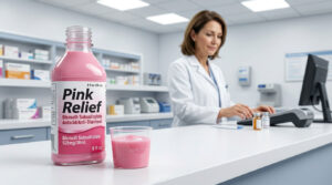 A pharmacist in a white coat prepares medication beside a pink liquid labeled Pink Relief on a pharmacy counter.