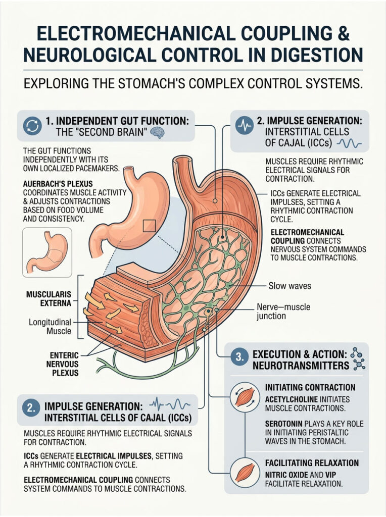 Infographic explaining electromechanical coupling and neurological control in digestion with diagrams and text details.