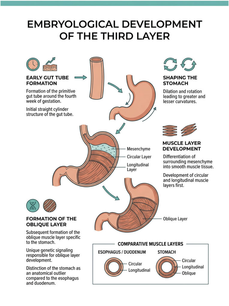 Infographic showing embryological development of the stomach with labeled diagrams and stages of muscle layer formation.