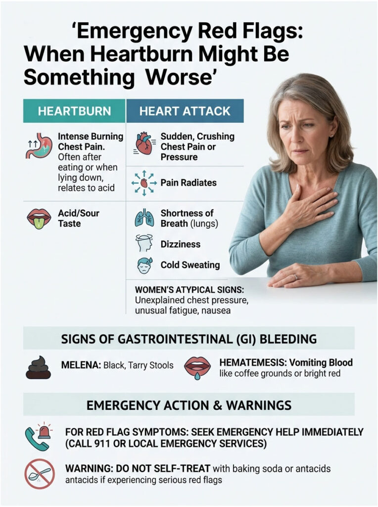 Infographic comparing heartburn and heart attack symptoms with a woman experiencing chest pain.