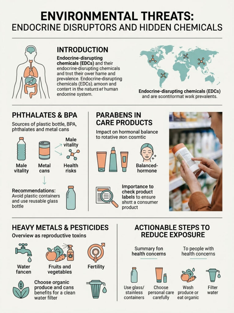 Infographic on environmental threats from endocrine disruptors, featuring charts and icons about chemicals and health risks.