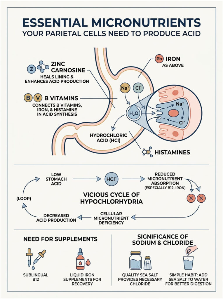 Infographic showing essential micronutrients for parietal cells, including zinc, B vitamins, and iron, with diagrams and text.