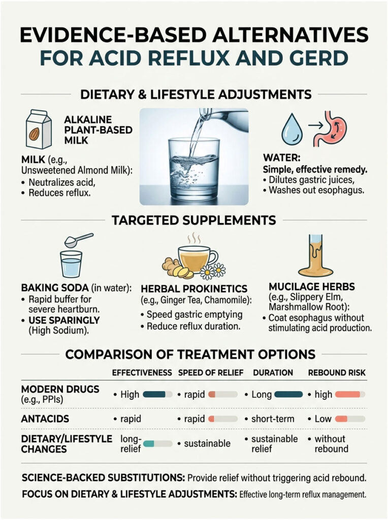 Infographic showing evidence-based alternatives for acid reflux, including dietary adjustments and supplements.