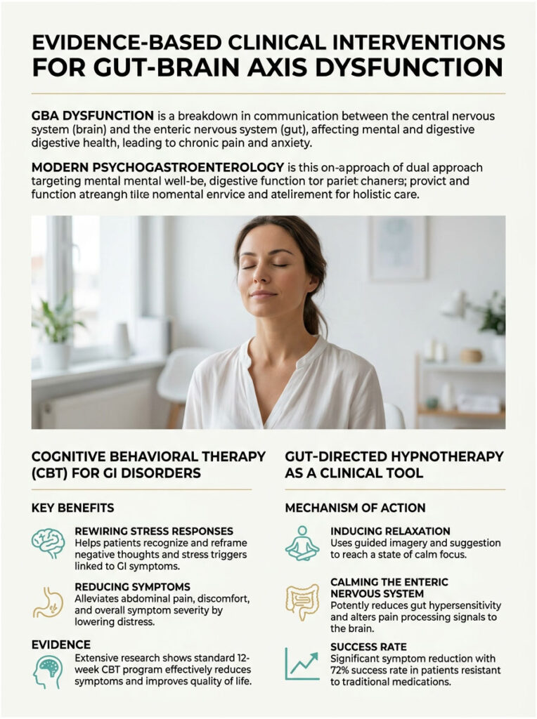 Infographic on gut-brain axis dysfunction with text on therapies, benefits, and a woman meditating.