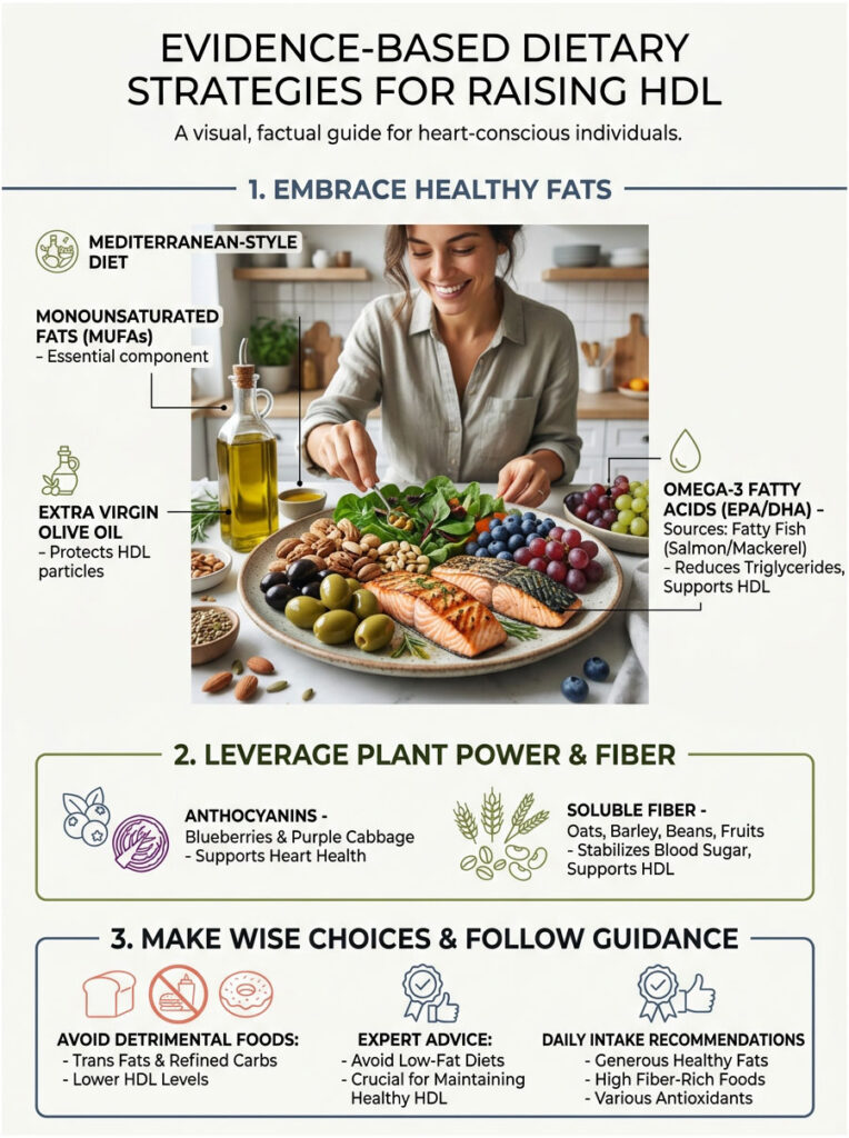 Infographic detailing dietary strategies for raising HDL, featuring healthy fats, plant power, and food choices.