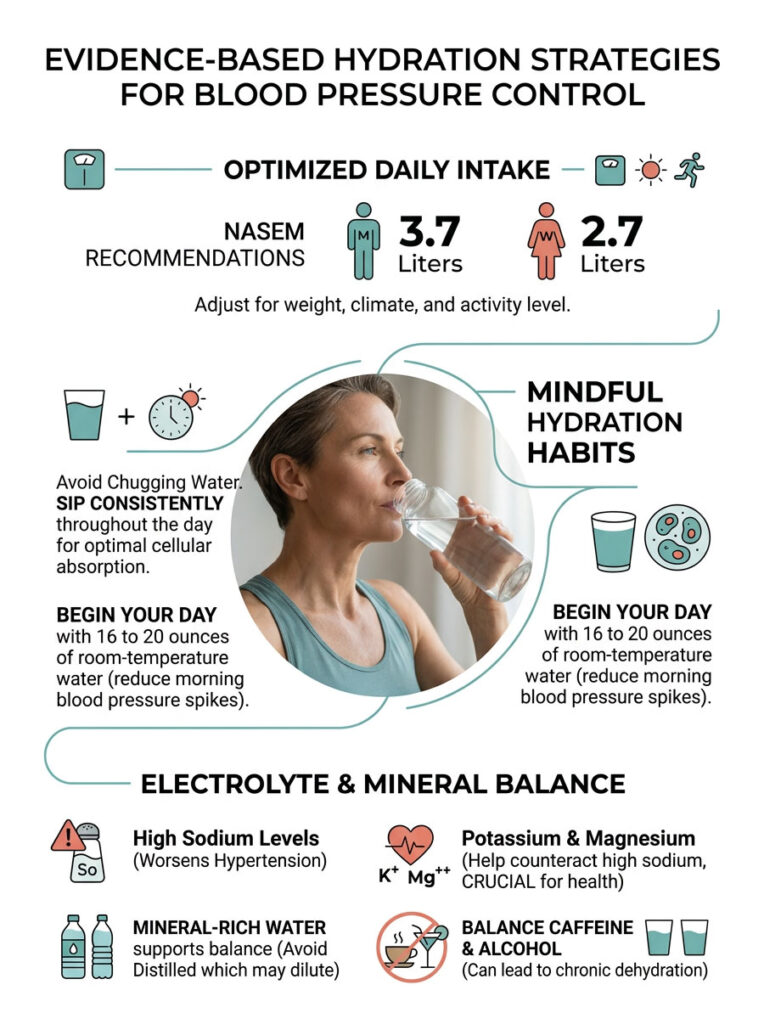 Infographic showing hydration strategies for blood pressure control, including daily intake recommendations and tips.