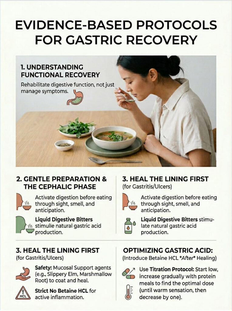 Infographic detailing evidence-based protocols for gastric recovery with text and illustrations on digestive health.
