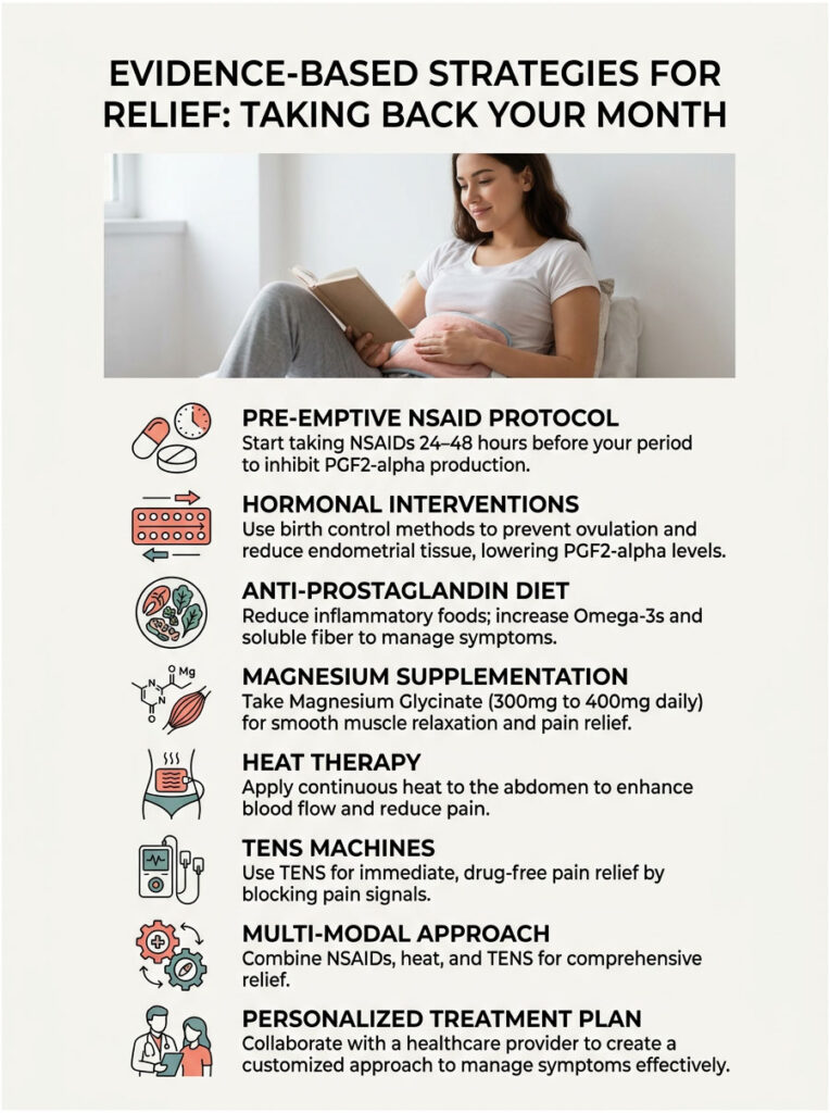 Infographic detailing evidence-based strategies for menstrual relief, including NSAIDs, hormonal interventions, and more.