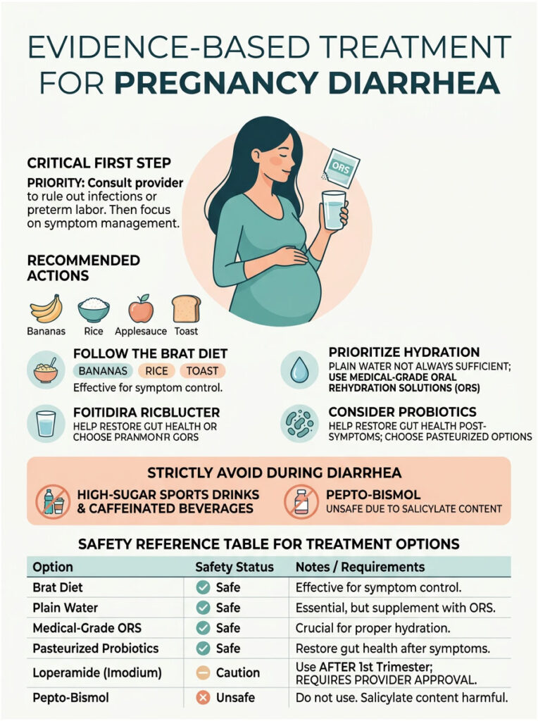 Infographic on evidence-based treatment for pregnancy diarrhea, featuring recommended actions and safety reference table.
